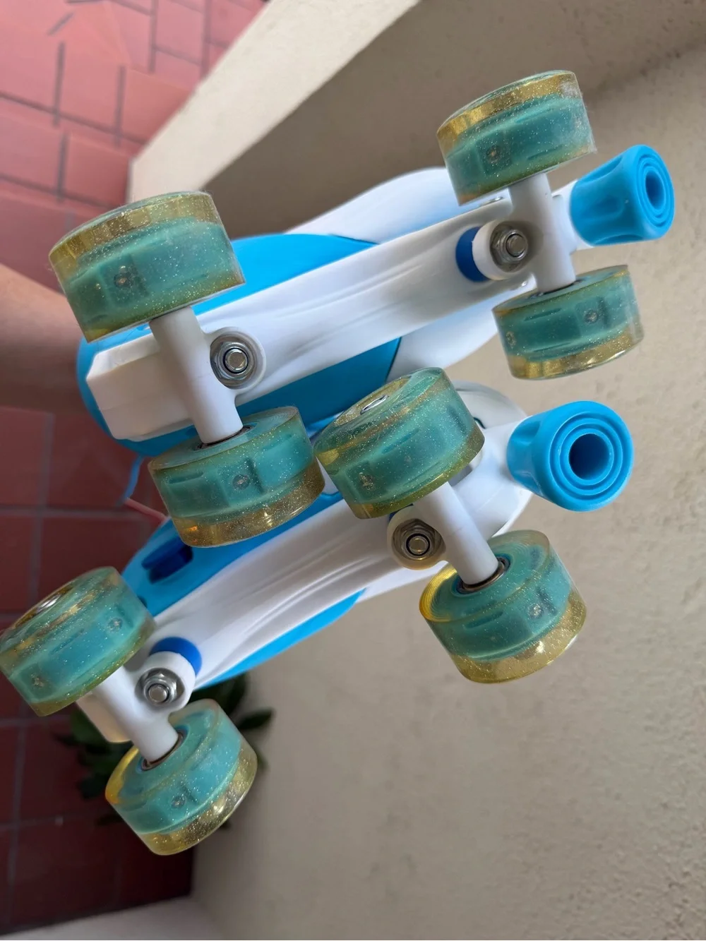 Kids Teal Blue and Pink Glitter Wheel Quad Rollerskates